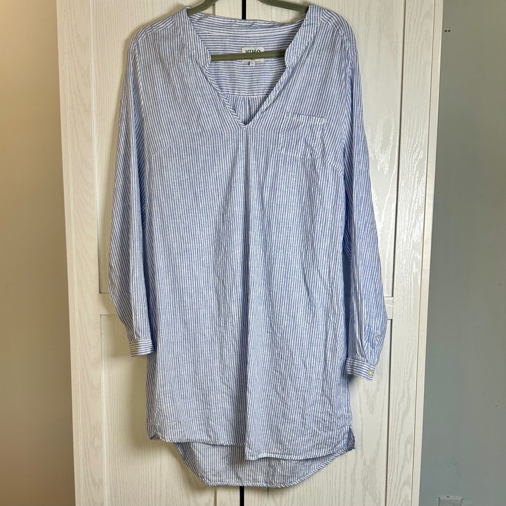 HIHO Bananakeet Blue Striped Linen Tunic Shirt Dress Long Sleeve size Large - Picture 2 of 9